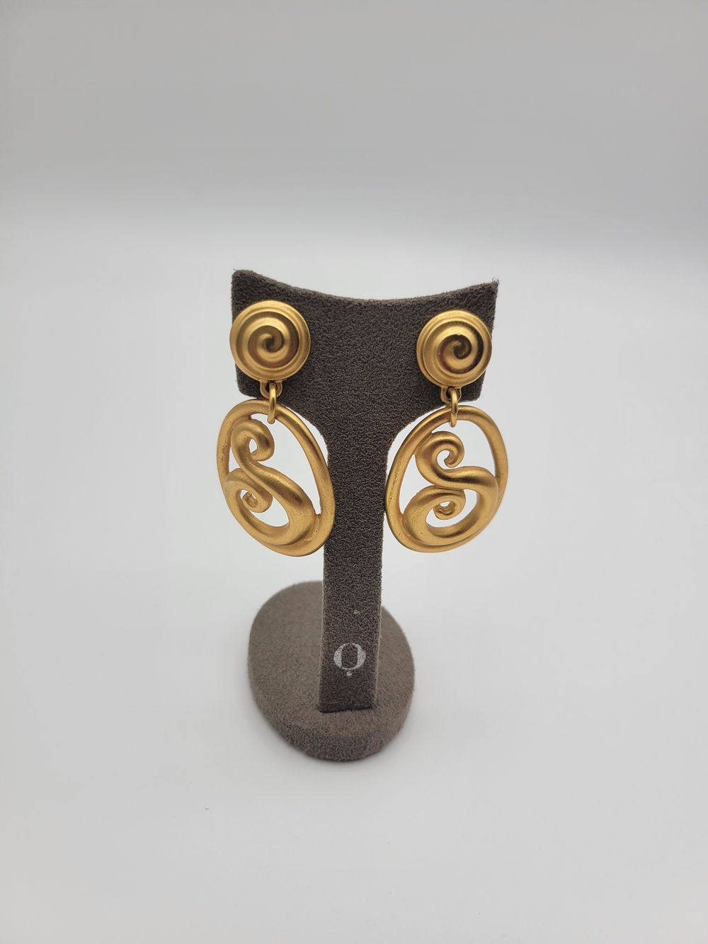 Vintage R Matte Gold tone Swirl Clip on Drop Earrings